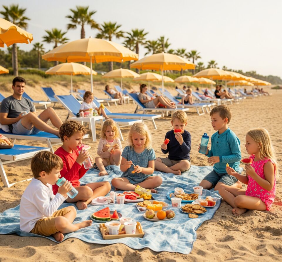 Bambini in spiaggia che fanno merenda. Mangiano leggero, ma senza rinunce, concedendosi anche un gelato